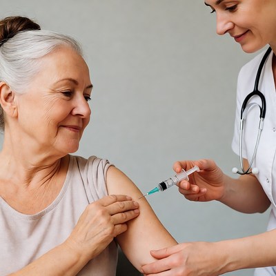 Nurse administering vaccine to elderly woman