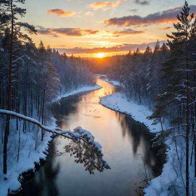 Winter River Sunset in Snowy Forest