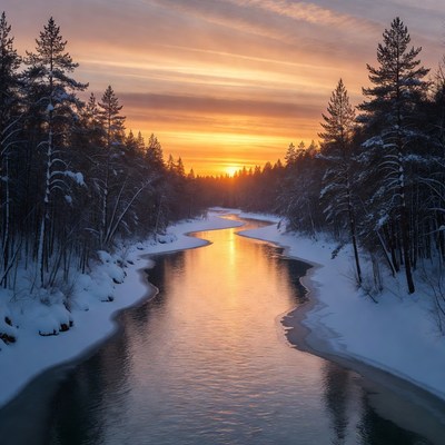 Sunset over snowy river in pine forest