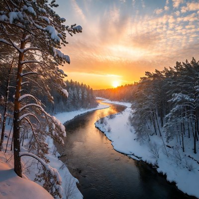 Snowy River Sunset in Pine Forest