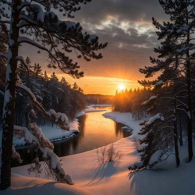 Snowy River Sunset in Pine Forest