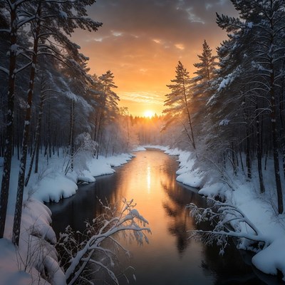 Snowy Forest River at Sunset