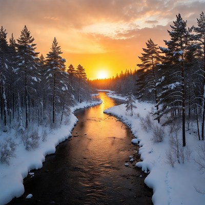 Sunset over snowy river in pine forest