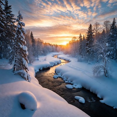 Snowy River in Forest at Sunset