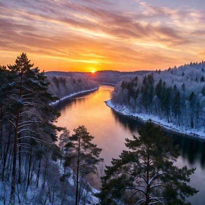 Winter Sunset Over Snowy Forest River