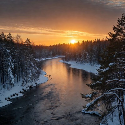 Snowy River Sunset in Pine Forest