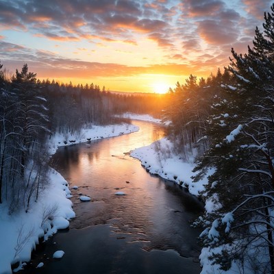Winter River Sunset with Snowy Pine Forest