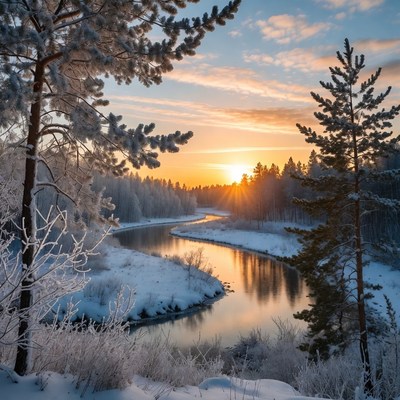 Snowy River Sunset with Pine Trees