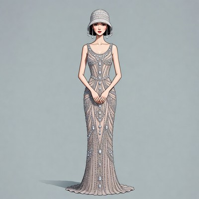Asian woman in beaded flapper gown