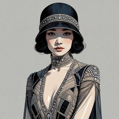 Asian woman in 1920s beaded flapper dress