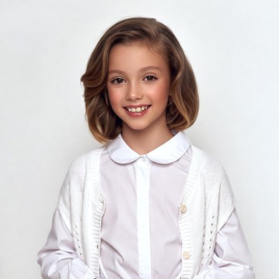 Smiling girl in white shirt and cardigan