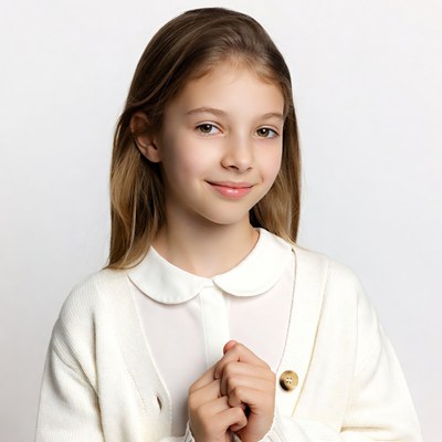 Girl in white cardigan clasping hands