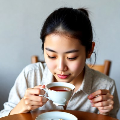 Asian woman smelling tea