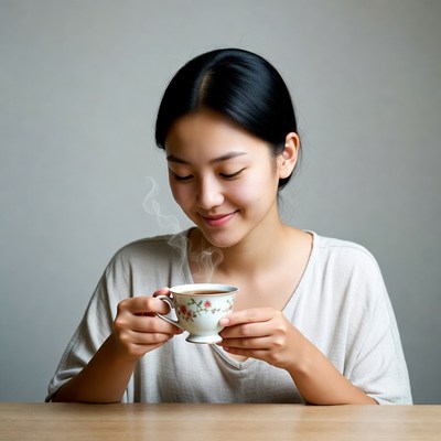 Asian woman sipping tea