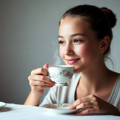 Asian woman drinking tea