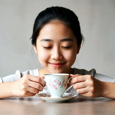 Asian girl sipping floral teacup