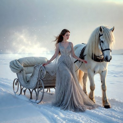 Woman in silver gown with white horse sleigh