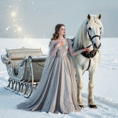 Woman in gown with white horse sleigh