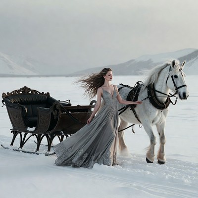 Woman leading white horse sleigh in snow
