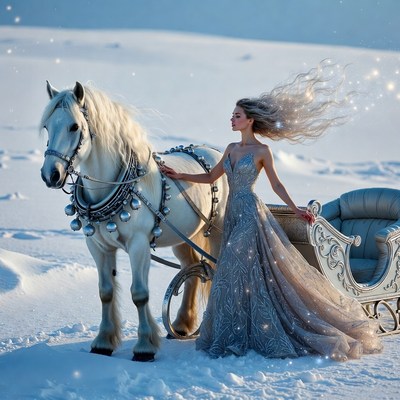 Woman with White Horse and Sleigh