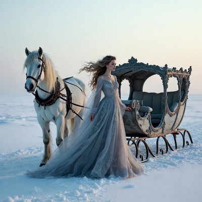 Woman with white horse and sleigh