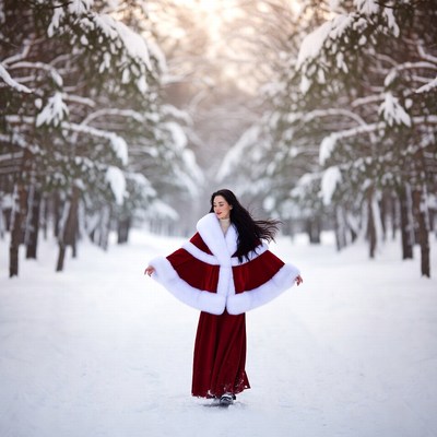 Woman in red fur cape in snowy forest