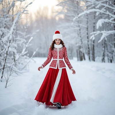 Woman in red fur coat walking snowy forest