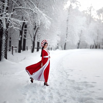 Woman in red dress snowy forest path