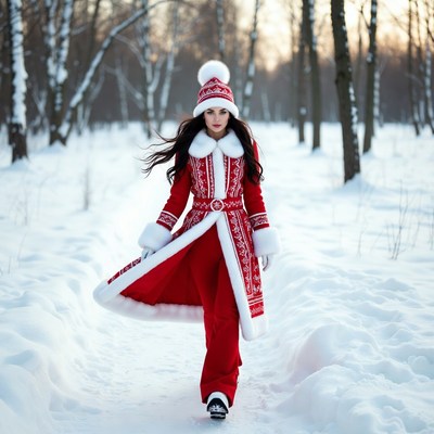 Woman in red coat walking snowy birch forest