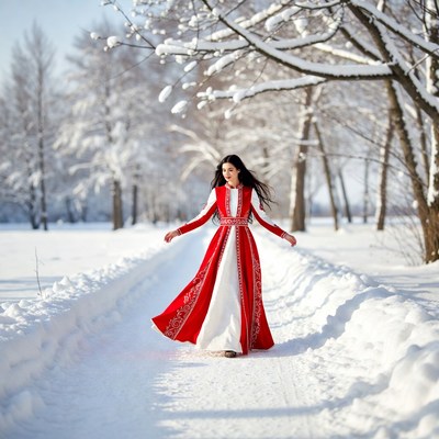 Woman in red dress walking snowy path