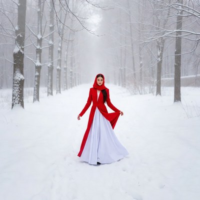 Woman in red coat snowy forest path