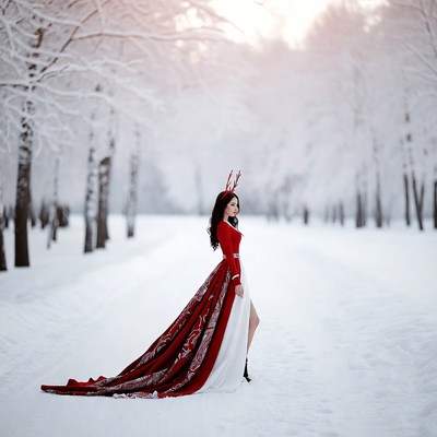 Woman in red reindeer dress in snowy forest