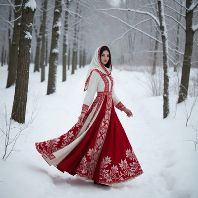 Woman in red white dress snowy forest