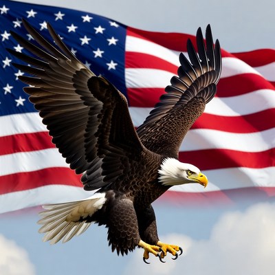 Bald eagle flying over American flag