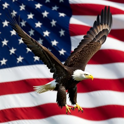 Bald Eagle Flying Over American Flag