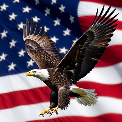 Bald eagle flying over American flag