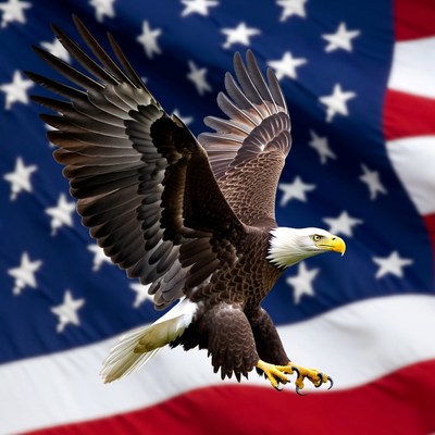 Bald eagle flying over American flag