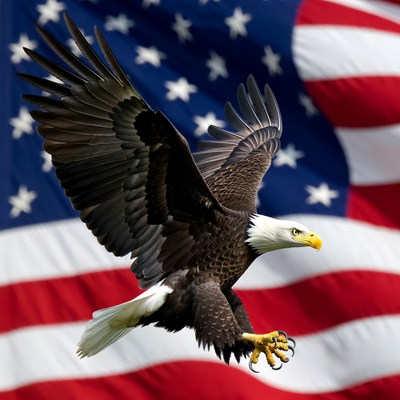 Bald eagle flying over American flag
