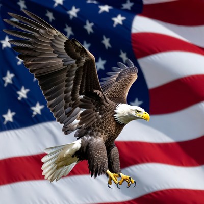 Bald Eagle Flying Over American Flag