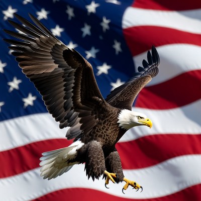 Bald eagle flying over American flag