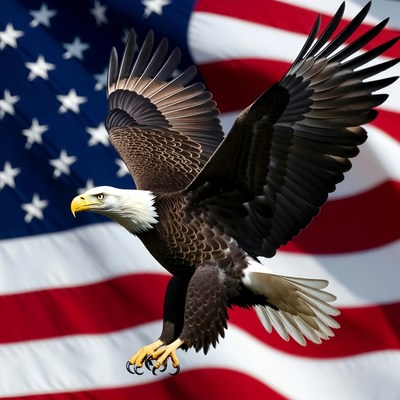 Bald Eagle Flying Over American Flag