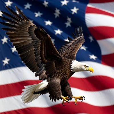 Bald Eagle Flying Over American Flag