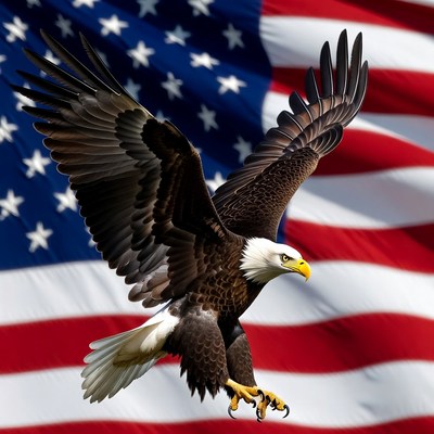 Bald Eagle Flying Over American Flag