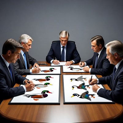 Businessmen signing duck drawings