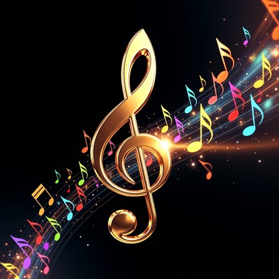 Golden Treble Clef with Colorful Notes