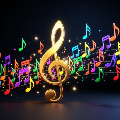 Golden Treble Clef with Colorful Notes