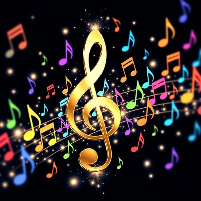 Golden Treble Clef with Colorful Notes