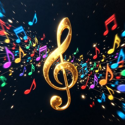 Golden Treble Clef with Colorful Notes