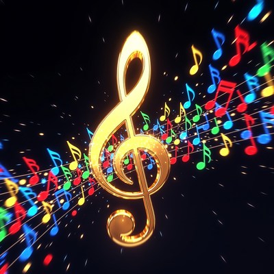 Golden Treble Clef with Colorful Flying Notes