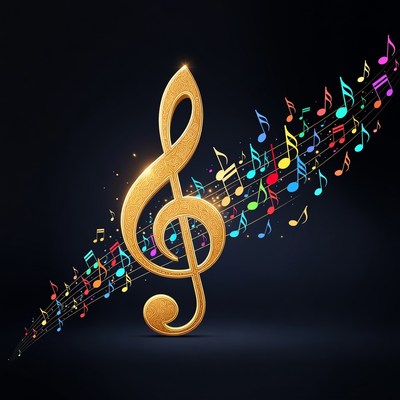 Golden treble clef with colorful music notes